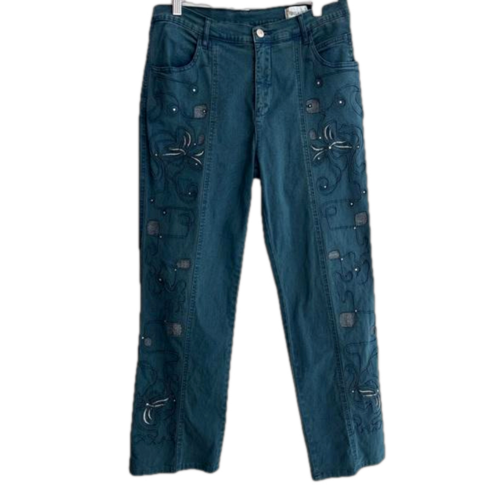 BOLAIJUE Jeans Embroidered Silver Metallic Green Straight Leg 5 Pocket Casual